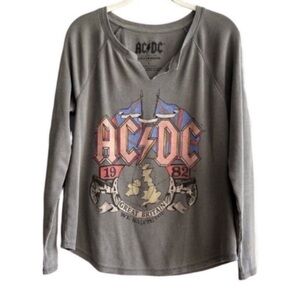 Lucky Brand Waffle Knit Tee ACDC 1982 Graphic Long Sleeve Top Size S